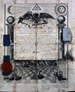 艾萨克·惠特 (Isaac Huit) 皇家砖石艺术大师的文凭，于 1789 年由日内瓦的圣让修道院授予。 作者 未知艺术家