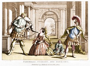 Farinelli (Carlo Broschi, dit; 1705 - 1782) 与女高音 Cuzzoni 和阉割者 Francesco Bernardo Senesino (1680 - 1750) 在 George Frederick Handel (Georg Friedrich Handel) 的歌剧中 作者 未知艺术家