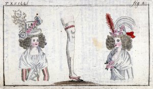 18 世纪时尚：1788 年左右女性的发型和吊袜带。 作者 未知艺术家