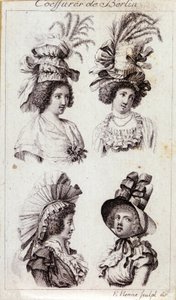 18 世纪的时尚：柏林女性的帽子。 1793 年的雕刻。 作者 未知艺术家