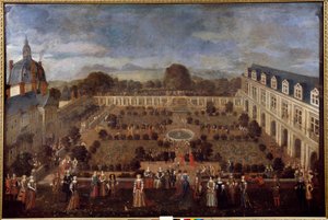 1673 年在公爵宫举行盛宴，以纪念国王路易十四及其宫廷的逗留。 匿名绘画 作者 未知艺术家