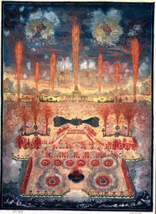 1744 年 6 月 16 日莫斯科（俄罗斯）的焰火和照明。佚名作品，卡片上的水彩和水粉画，18 世纪中期。洛可可艺术。莫斯科国家历史博物馆。 作者 未知艺术家