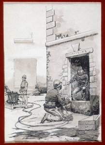 Firefighters: fire apparatus from cellars. engraving sd. 19th century 作者 未知艺术家