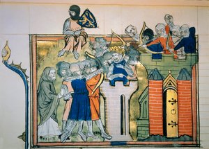 第一次十字军东征：布永 (1058-1100) 的 Godefroi（或 Godefroy）于 1099 年在一座圆塔中袭击了耶路撒冷。来自“Roman De Godefroy De Bouillon et de Saladin”的缩影 作者 未知艺术家
