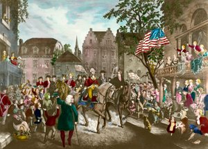 美国独立战争的第一场。乔治-华盛顿（1732-1799）在英国战败后凯旋进入纽约 作者 未知艺术家