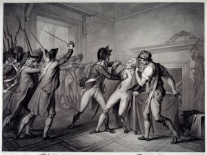 法国大革命：1794 年 7 月 27 日（第二年热月九日）逮捕罗伯斯庇尔。 18 世纪的雕刻。 巴黎，卡纳瓦莱博物馆 作者 未知艺术家