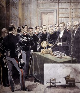 古列尔莫-马可尼于1897年在海军部的一次会议上提出了无线电报（TSF）。 作者 未知艺术家