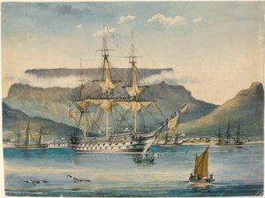 英国皇家海军 "朱庇特 "号（1813 年），作为运兵船停靠在桌湾 作者 未知艺术家