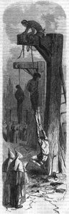 路易十一在橄榄树上吊死的魔鬼，理发师。19世纪的雕版画。 作者 未知艺术家