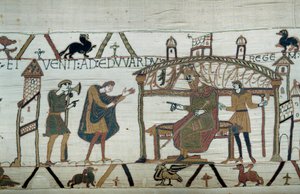 哈罗德在他在征服者威廉公爵（1027-1087 年）的大使馆之后返回英国，背诵了他的忏悔者爱德华国王之行 贝叶挂毯或玛蒂尔德王后刺绣的细节 作者 未知艺术家