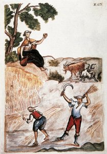 收获，秘鲁的印第安人在田间劳作。18世纪马德里的水彩画。皇家图书馆（Biblioteca del Palacio Real 作者 未知艺术家