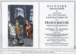 共济会最受尊敬的兄弟会的历史义务和章程：小莱因哈特 (Reinhardt Jr.) (1742) 为三世兄弟 (Brother of the Third) 的著名作品雕刻的标题和卷首图，其中翻译了安德森 (Anderson) 的“Con 作者 未知艺术家
