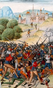 百年战争：1370 年 4 月 12 日法国和英国之间的庞瓦兰之战“编年史”的缩影，由让·弗洛瓦萨尔 (Jean Froissart，1337-1400) 创作，15 世纪巴黎。 BN 作者 未知艺术家