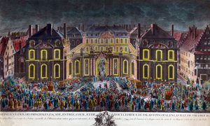 1744 年 5 月 10 日，在国王路易十五（1710-1774 年）在疗养期间举行的庆祝活动中，斯特拉斯堡市主教宫殿的照明。 时期印刷私人收藏 作者 未知艺术家