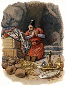 一千零一夜的故事》的插图。阿里巴巴（Ali-Baba）进入岩石，说，芝麻打开你，看到了金桶。1890年左右的彩色石版画。 作者 未知艺术家