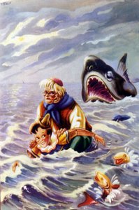 Carlo Collodi 的木偶奇遇记故事插图：木偶奇遇记和杰佩托被一条大鱼追赶。 作者 未知艺术家