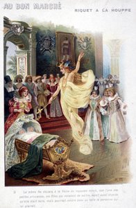 查尔斯-佩罗（Charles Perrault）的故事 "Riquet à la houppe"（1697年）的插图：仙女向女王宣布，刚刚出生的公主将像她的美丽一样愚蠢。19世纪的海报 "Au bon marché"。 作者 未知艺术家