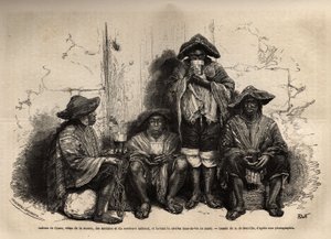Indians of Cuzco (Peru), vetus of the manta, sandals and traditional sombrero, employed as labour for the exploitation of guano deposits in the Chincha Islands, drinking shisha, but fermented brandy. Engraving to illustrate Les iles Chincha, rect by L.Simo 作者 未知艺术家