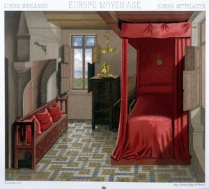 Interior of a house in the 15th and 16th century. In “Le costume historiqu” e by A. Racinet 作者 未知艺术家