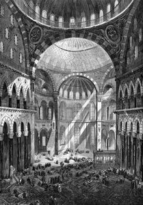 1858年君士坦丁堡的圣索菲亚（Hagia Sophia）清真寺（6世纪的拜占庭艺术）的内部视图。 作者 未知艺术家