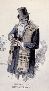 犹太宗教：一个戴着祈祷石灰（Talit 或 Tzitzit）的老犹太男子，雕刻于 1890 年 作者 未知艺术家