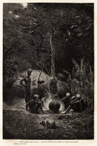 卡纳克人在帕马莱境内的树林里做饭。 1863-1866 年，矿山土木工程师朱尔斯·加尼尔 (Jules Garnier) 为说明新喀里多尼亚之旅而绘制的版画，发表于“世界之旅，新航海杂志”，Edouard C 编辑 作者 未知艺术家
