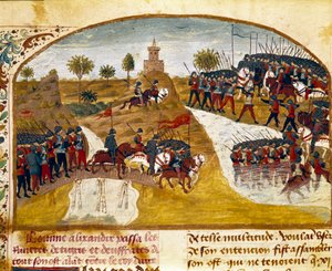 亚历山大大帝（公元前 356-323 年）和他的军队通过了 Quintus Curtius Rufus (Quinte Curce) 所著的“亚历山大大帝事实之书”中的老虎和微型幼发拉底河（公元前 1 世纪），大约 1468 年。（女士 第1335章） 市立图书馆 作者 未知艺术家