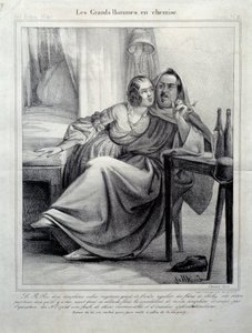 Les grands hommes en chemise 代表作家 Honore de Balzac (1799-1850) 在抽烟时缠住一名年轻女子。 E. Allet（19 世纪）巴黎，巴尔扎克之家的插图 作者 未知艺术家