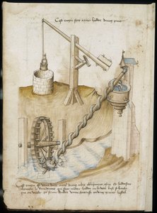 Lever systems for wells and water supply by screw wheel - Manuscript: parchment sheet of an engineer