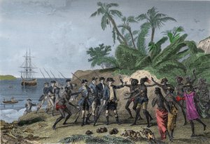 4 月 6 日，法国航海家布干维尔的路易斯·安托万 (Louis-Antoine)（1729-1811 年）在大溪地的侯爵群岛发表讲话 作者 未知艺术家
