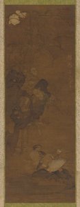 鸳鸯、岩石和一株开花植物 作者 未知艺术家