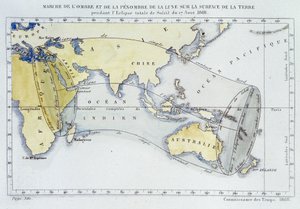 经度局出版的地图，显示了1868年月食期间月球的阴影和黑暗在地球表面的行进情况 作者 未知艺术家