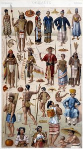 Men and women representing the different peoples of Oceania. 19th century engraving. 作者 未知艺术家