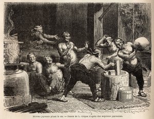 Mitrons 捣碎大米，然后将其酿造成米酒。 1863 年至 1864 年，瑞士联邦大臣艾梅·亨伯特 (Aime Humbert) 为说明前往日本的航程而绘制的版画，发表于“Le tour du monde”””1869 年，Edouard Charton 编辑，Hach 版 作者 Unknown artist