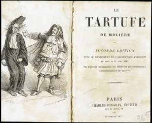 Moliere frightening an ecclesiaste using a theatre mask - Frontispice du “Tartuffe”” (Tartufe) de Molière, ed. Hingray, Paris 作者 未知艺术家