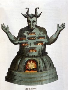 摩洛克。 古代迦太基神。 我们把孩子们扔进火里，把他们献给了他。 19 世纪的雕刻。 作者 未知艺术家