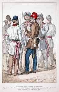 Montagnards (1848), a group of fighters, one of whom wears the Phrygian cap and the revolutionary cockade. Eau forte en couleurs, reproduction of a drawing executed at the request of Alexandre Ledru-Rollin (Ledru Rollin) (1807-1874) in the courtyard of the 作者 未知艺术家