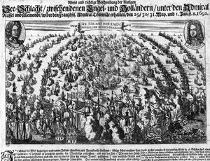 拉乌格海战 (1692)，反对路易十四的军队前往荷兰。 雕刻。 18世纪。 作者 未知艺术家