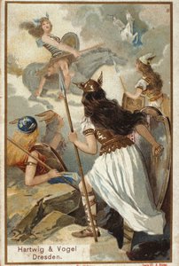 北欧的神话故事。Valholl（或Walhalla，Valhalla，Valhalle：勇敢的战士被带到的地方）的Walkyries（处女战士）和战士在战斗中的倒下。 19世纪的彩色石版画 作者 未知艺术家