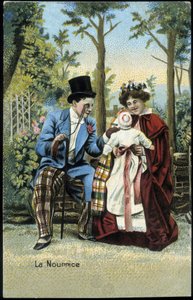 带着婴儿的护士在公园里与一名男子交谈--Chromo，19世纪末。 作者 未知艺术家