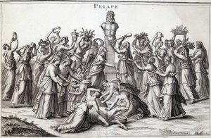 妇女向来到希腊的亚洲神明普里亚佩 (Priape) 献祭。 兰普萨克的礼拜场所。 作者 未知艺术家