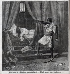 奥赛罗刚刚在他的床上杀死了苔丝狄蒙。朱塞佩-威尔第（1813-1901）的歌剧《奥赛罗》场景 "Le Parisien "中的版画 作者 未知艺术家