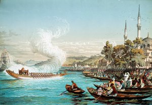 奥斯曼帝国：君士坦丁堡的海上盛宴。19世纪的石版画。巴黎装饰艺术图书馆 作者 未知艺术家