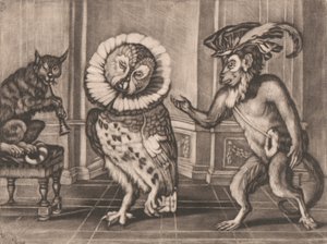 猫头鹰、猴子和猫，选自史密斯的《Mezzotintoes》，第三卷 作者 未知艺术家