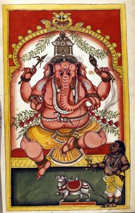 描绘印度教神甘尼萨（Ganesh 或 Ganapati）的页面，他是商人、旅行者和小偷的守护神。 摘自 Stefano Nivibus Cardeira 手稿（ms.8300）“”历史的 Mogol””（Moghul 或 Moghol）的页面。 18世纪。 Bibloteca marciana，威尼斯 作者 未知艺术家