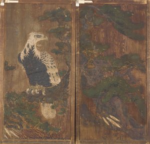 一对门，一边是松树上的老鹰；另一边是鹿和樱花。 作者 未知艺术家