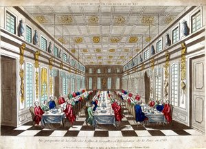庆祝1763年英国、法国和西班牙之间和平的凡尔赛宫厅的透视图。 作者 未知艺术家