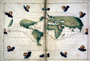Planisphere（或世界地图）。来自Battista Agnese（1500-1564）地图集的地理图，约1543年。巴黎，B.N. 作者 未知艺术家