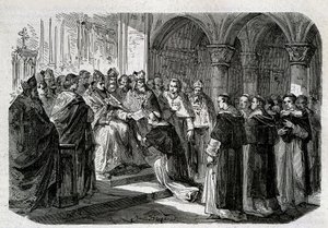 Pope Adrien II (792-872) handed over to one of his legates a bubble of excommunication against Lord Normand. Engraving - in “” History of the Popes””, sd. 19th century. 作者 未知艺术家