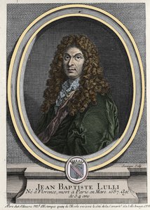 让·巴蒂斯特·卢利 (Giovanni Battista Lulli) (1632-1687) 的肖像，意大利裔法国作曲家。 19 世纪的雕刻。 作者 未知艺术家